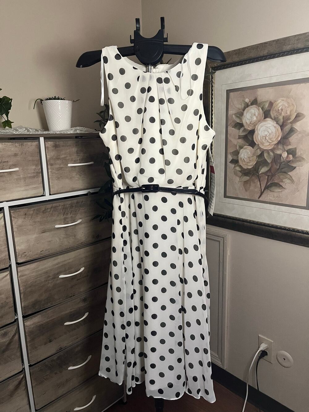 Jessica Howard Women’s Size 16 Black & White Polka Dot Belted Maxi Dress NWT